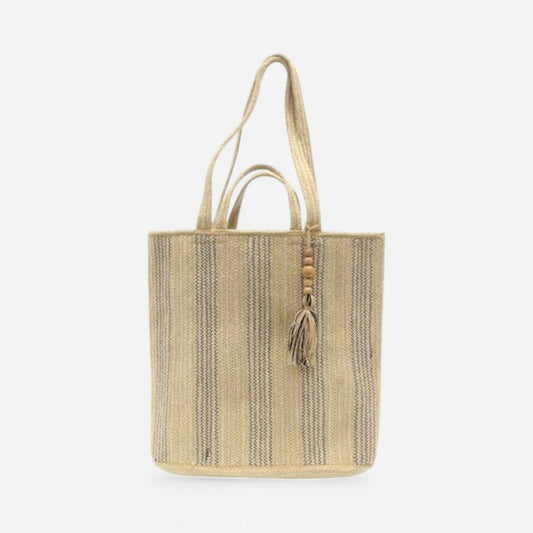 Jude Double Handle Tassel Jute Fiber Tote Neutral Stitched Stripe